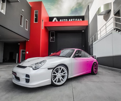 wrap xe, dán đổi màu xe porsche cayman wrap LV white to pink