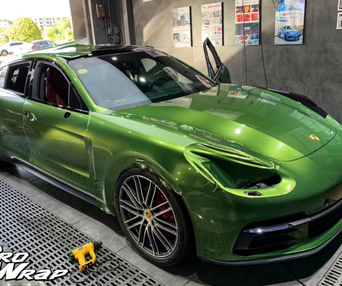 wrap xe, dán đổi màu xe porsche panamera wrap gloss sonoma green