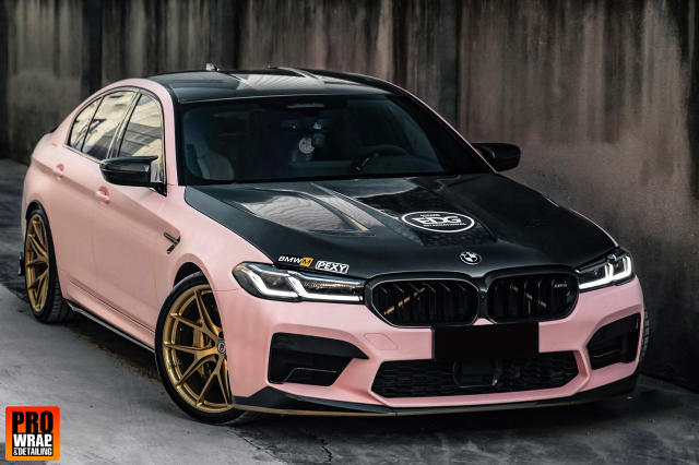 wrap xe - dán đổi màu xe BMW series 5 wrap matte pastel pink