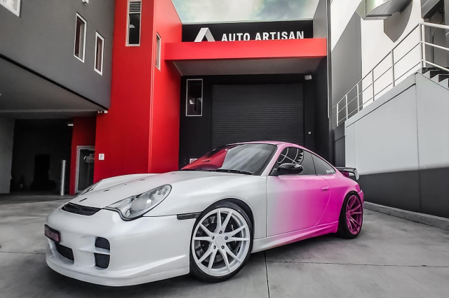 wrap xe, dán đổi màu xe porsche cayman wrap LV white to pink